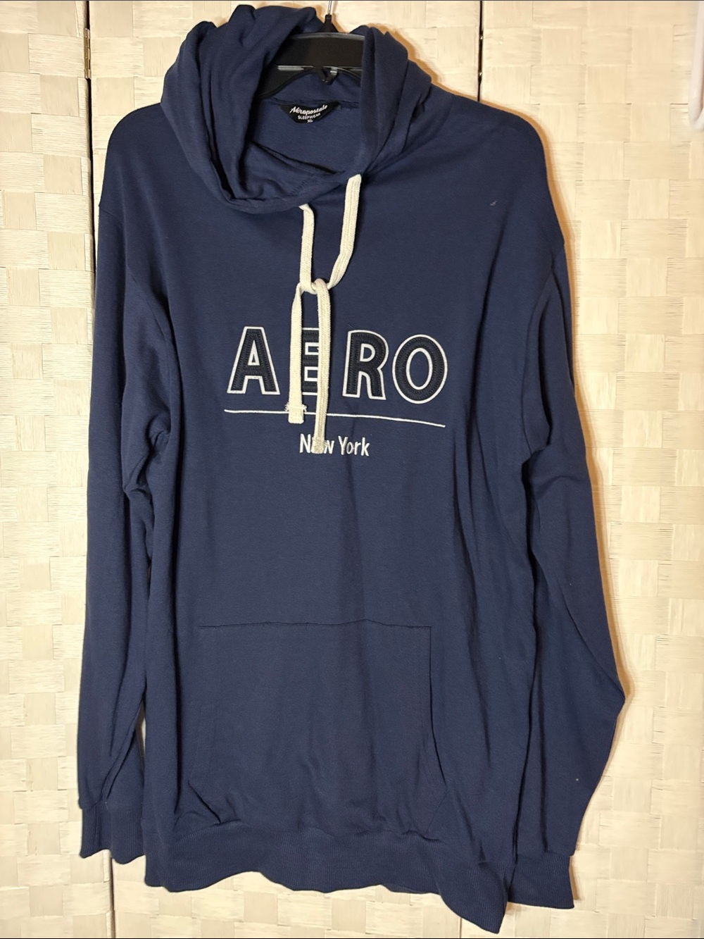 Aeropostale Navy Blue Pullover Hoodie with White Drawstrings